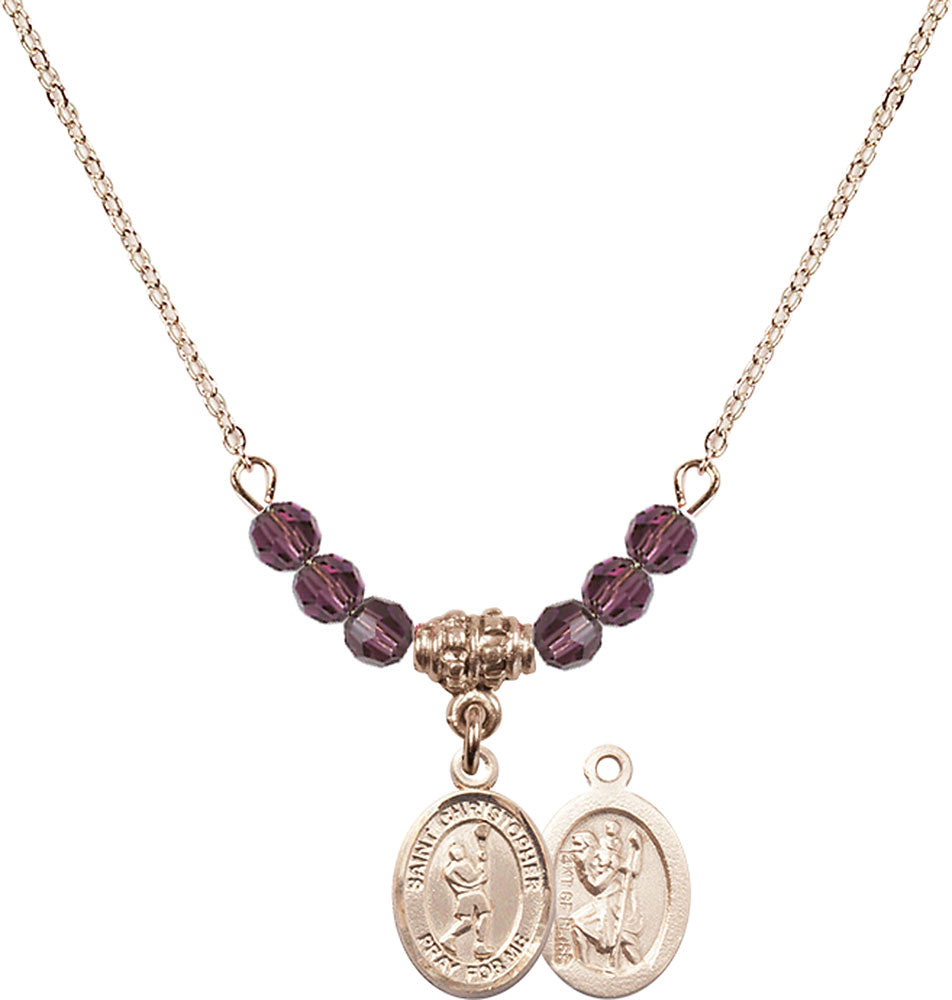 14kt Gold Filled Saint Christopher/Lacrosse Birthstone Necklace with Amethyst Beads - 9144