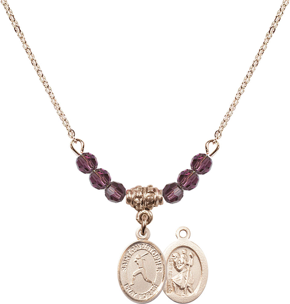 14kt Gold Filled Saint Christopher/Softball Birthstone Necklace with Amethyst Beads - 9145