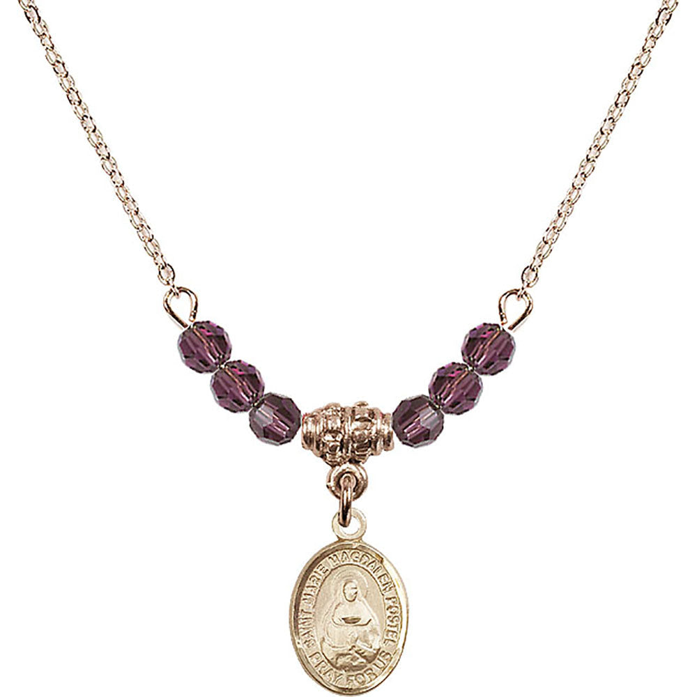14kt Gold Filled Saint Marie Magdalen Postel Birthstone Necklace with Amethyst Beads - 9294