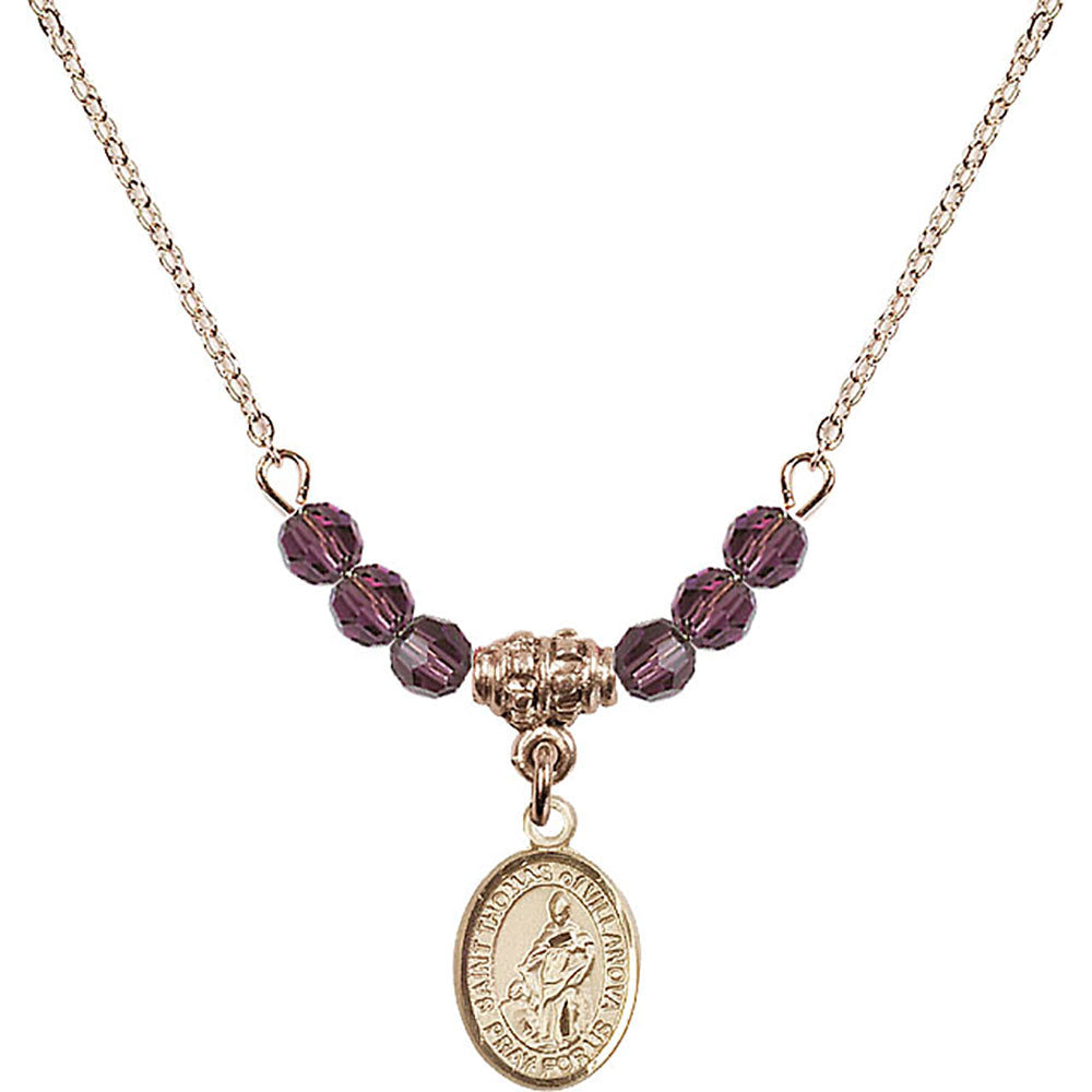 14kt Gold Filled Saint Thomas of Villanova Birthstone Necklace with Amethyst Beads - 9304