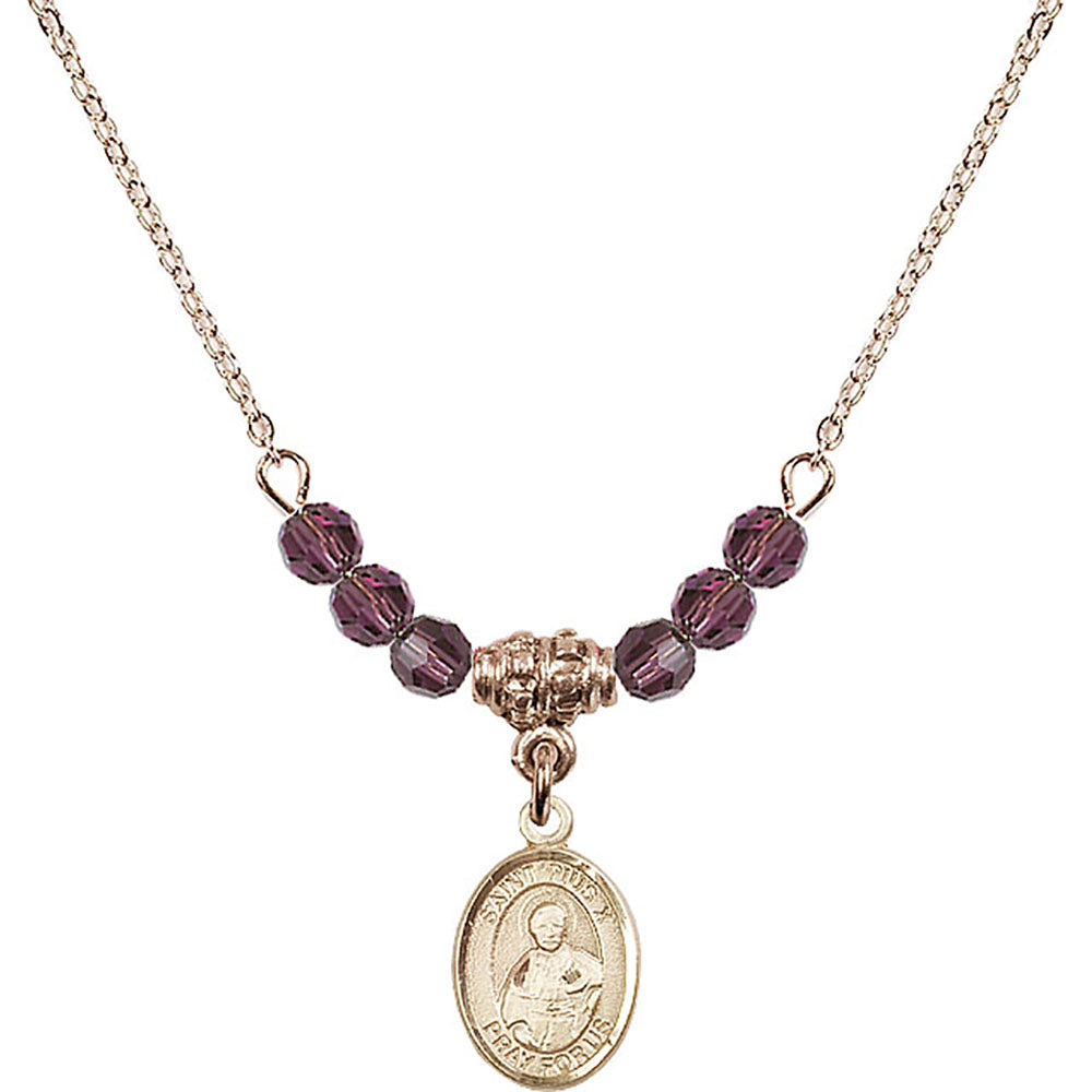 14kt Gold Filled Saint Pius X Birthstone Necklace with Amethyst Beads - 9305