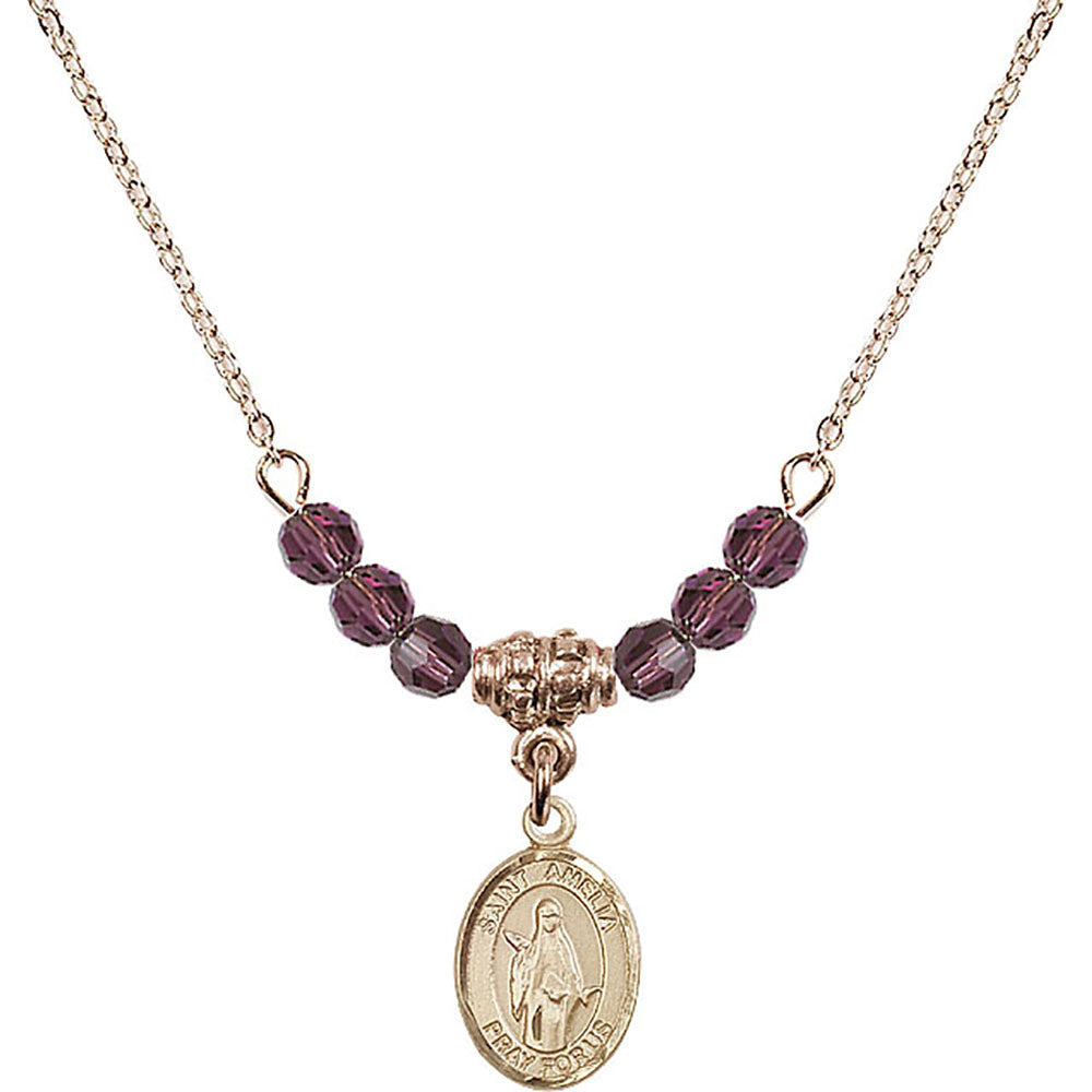14kt Gold Filled Saint Amelia Birthstone Necklace with Amethyst Beads - 9313