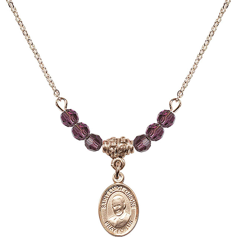14kt Gold Filled Saint Luigi Orione Birthstone Necklace with Amethyst Beads - 9326