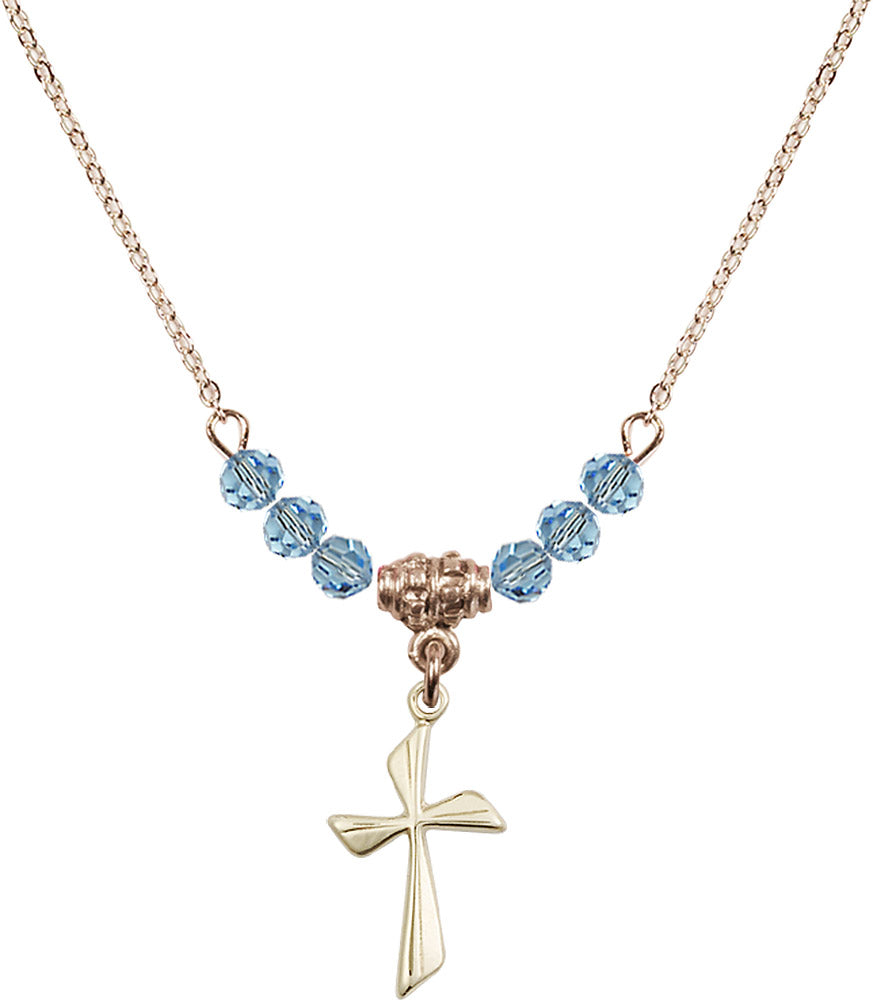 14kt Gold Filled Cross Birthstone Necklace with Aqua Beads - 0016