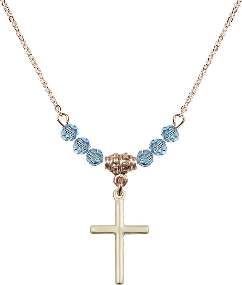14kt Gold Filled Cross Birthstone Necklace with Aqua Beads - 0017