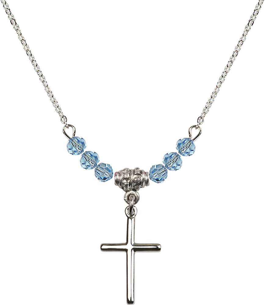 Sterling Silver Cross Birthstone Necklace with Aqua Beads - 0017