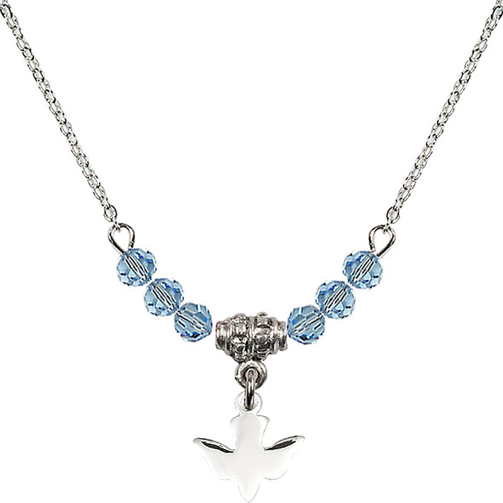 Sterling Silver Holy Spirit Birthstone Necklace with Aqua Beads - 0225