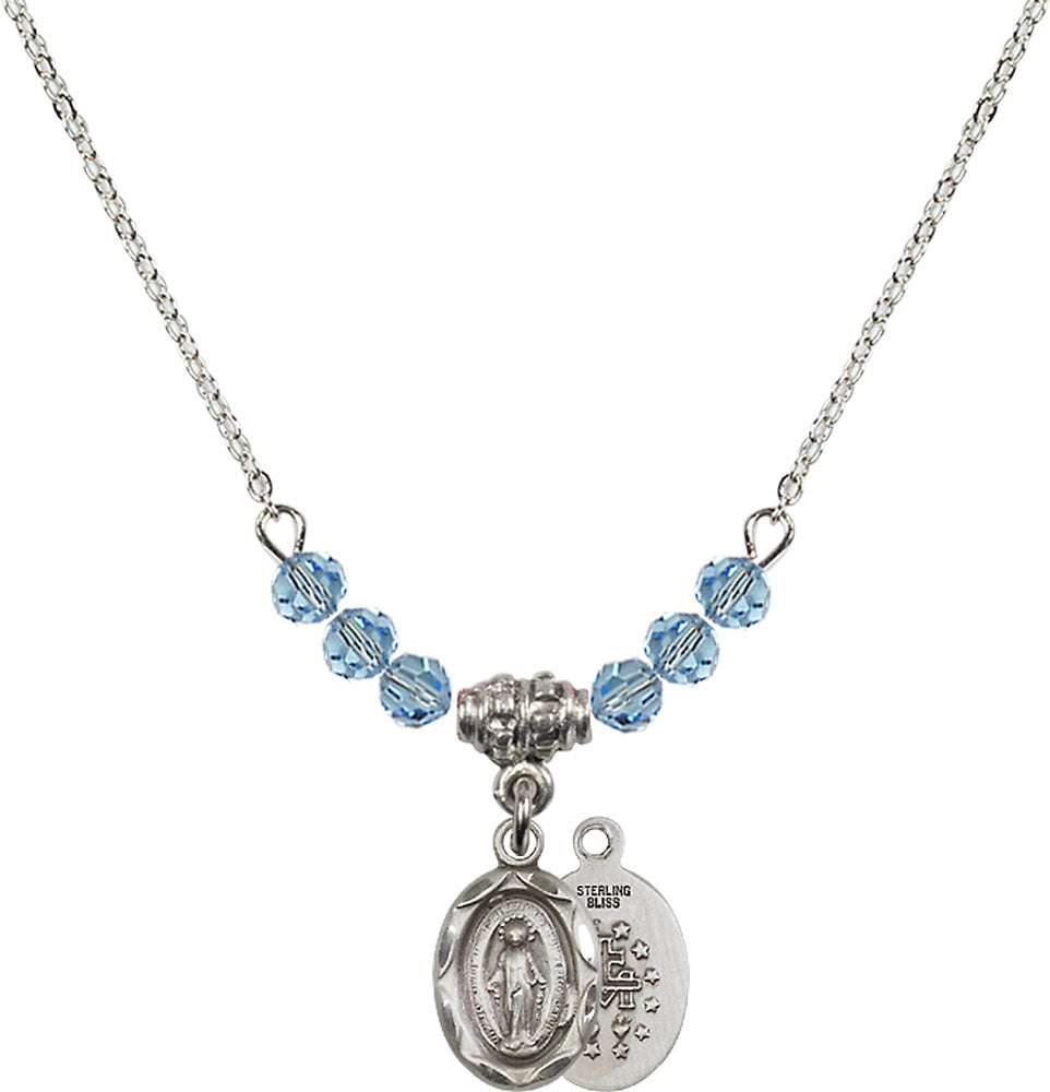 Sterling Silver Miraculous Birthstone Necklace with Aqua Beads - 0301