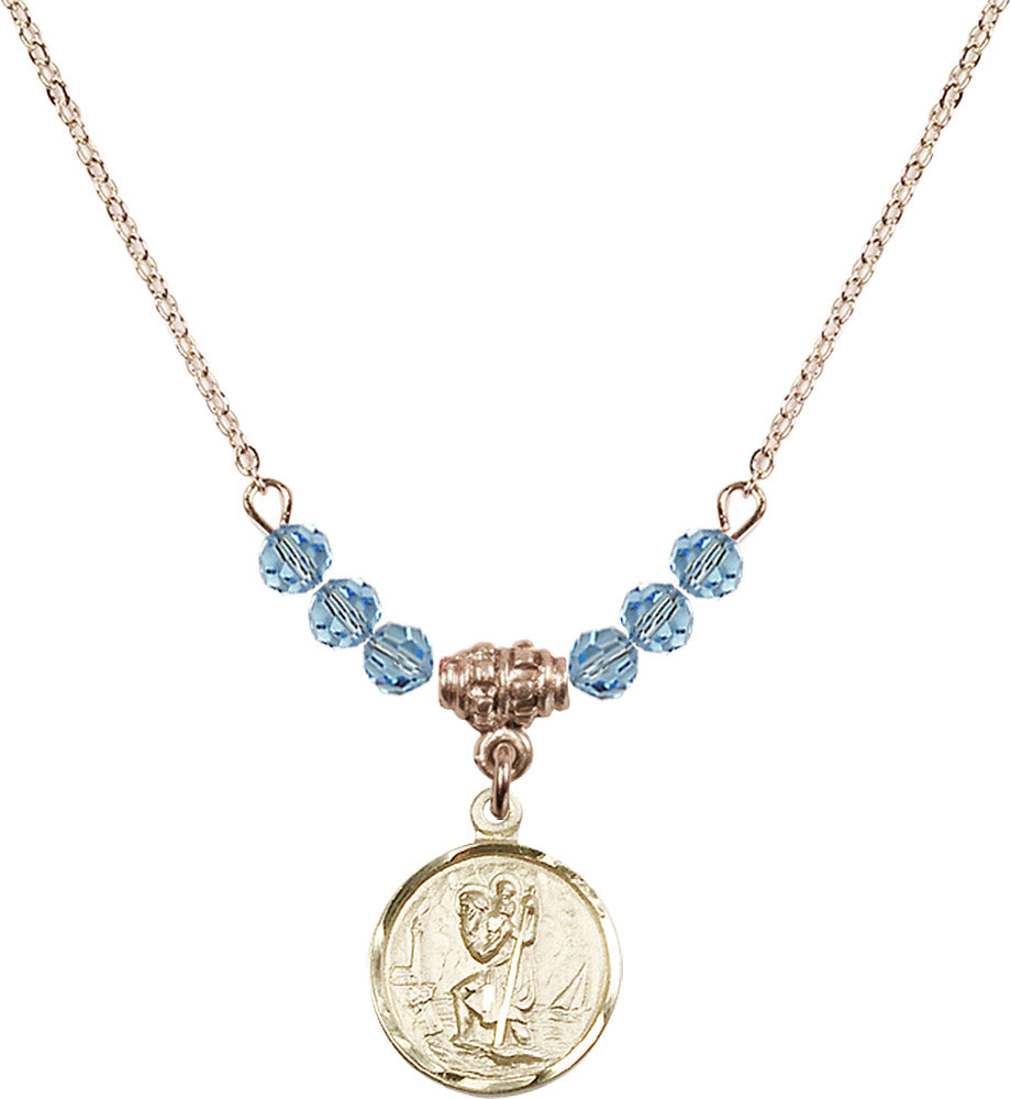 14kt Gold Filled Saint Christopher Birthstone Necklace with Aqua Beads - 0601