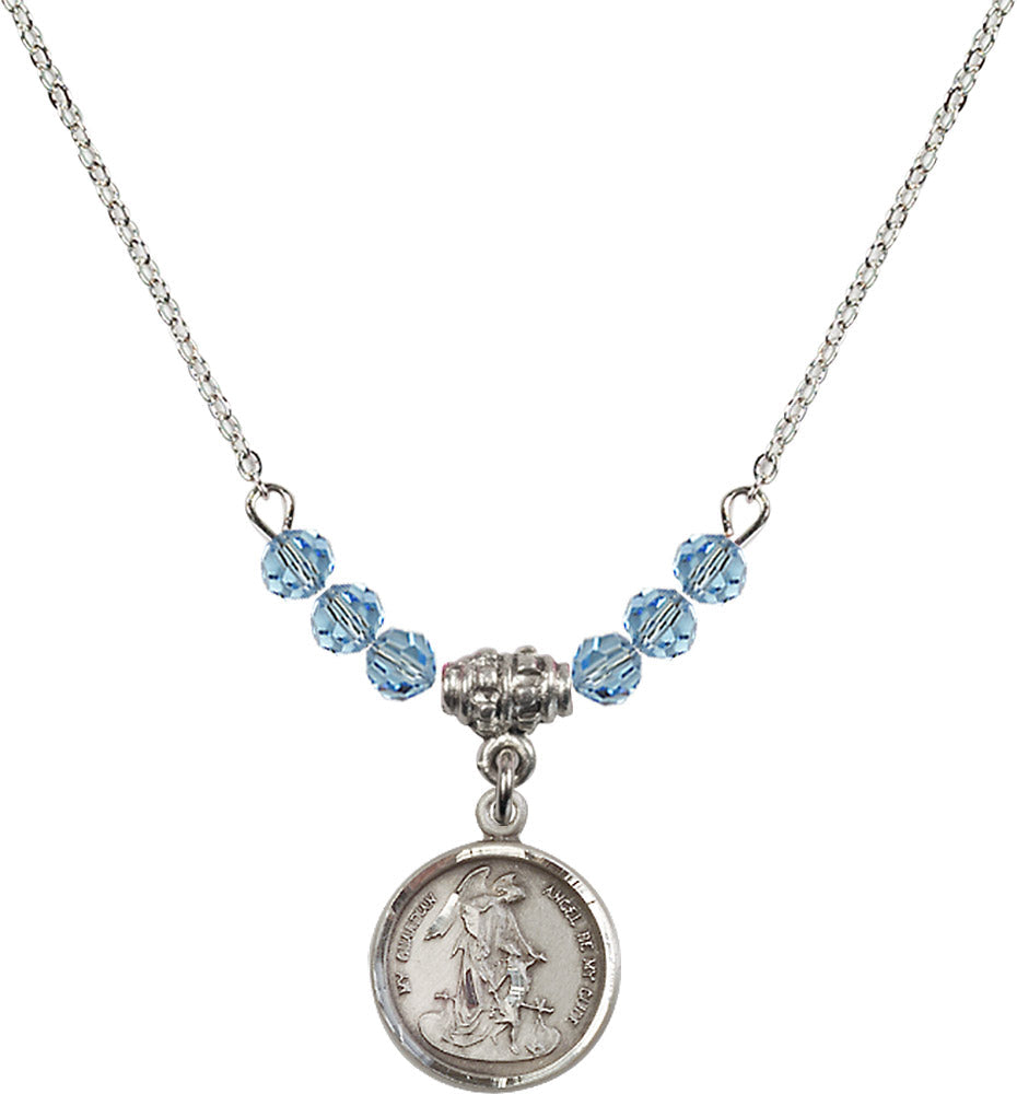 Sterling Silver Guardian Angel Birthstone Necklace with Aqua Beads - 0601