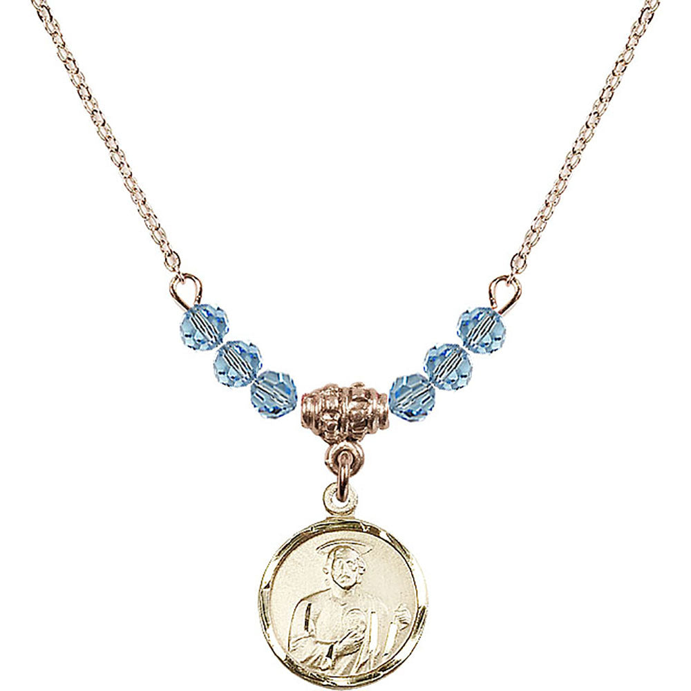 14kt Gold Filled Saint Jude Birthstone Necklace with Aqua Beads - 0601