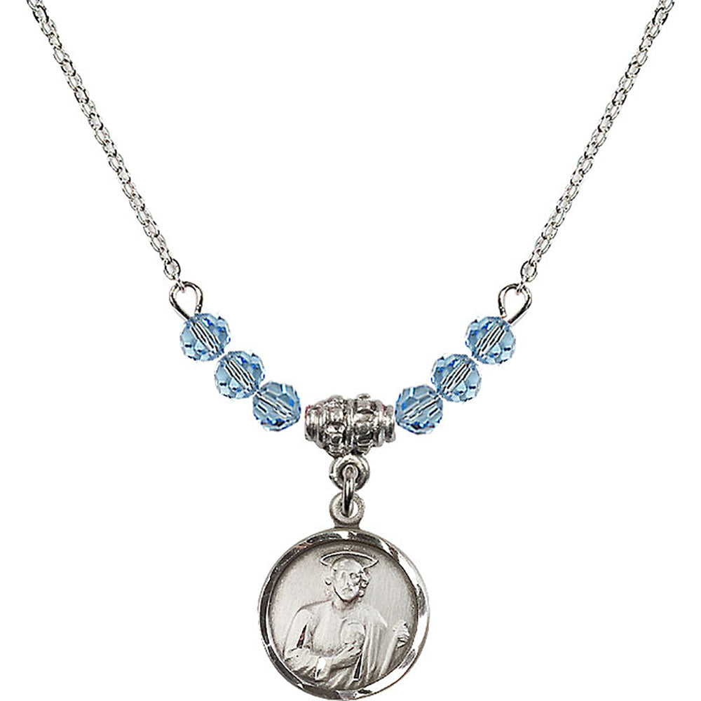 Sterling Silver Saint Jude Birthstone Necklace with Aqua Beads - 0601