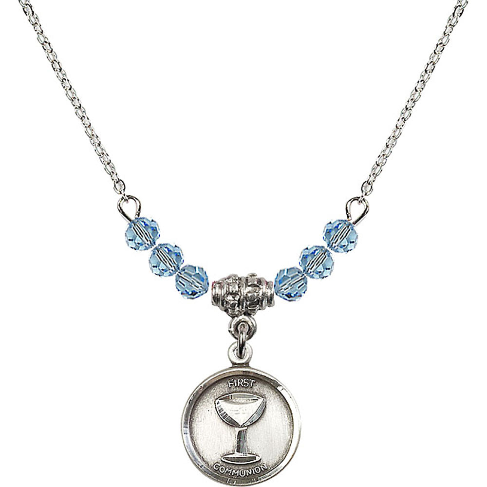 Sterling Silver Communion Birthstone Necklace with Aqua Beads - 0601