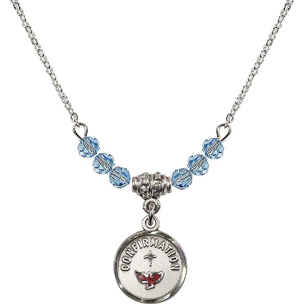 Sterling Silver Confirmation Birthstone Necklace with Aqua Beads - 0601