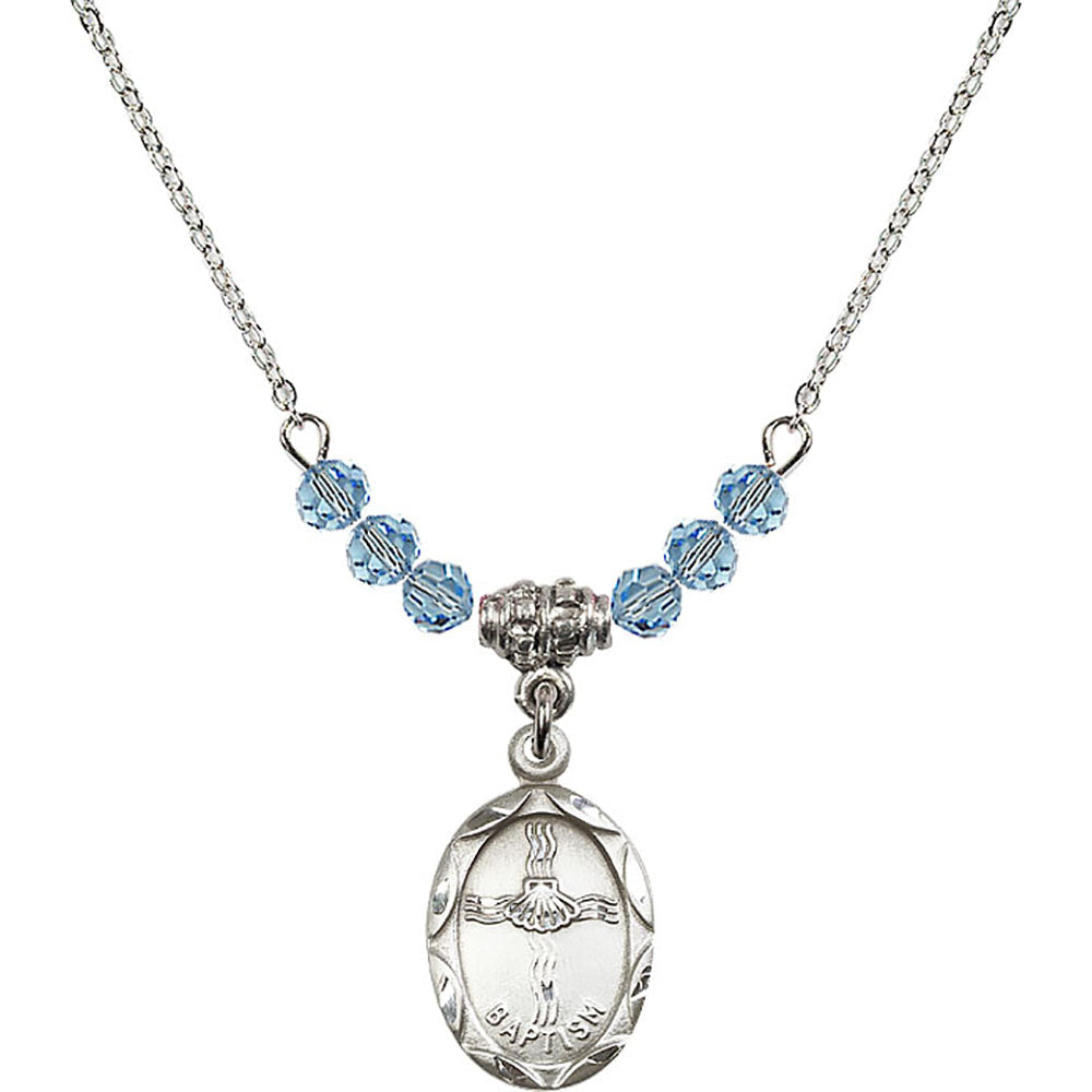 Sterling Silver Baptism Birthstone Necklace with Aqua Beads - 0612