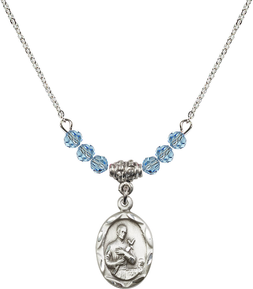 Sterling Silver Saint Gerard Birthstone Necklace with Aqua Beads - 0612