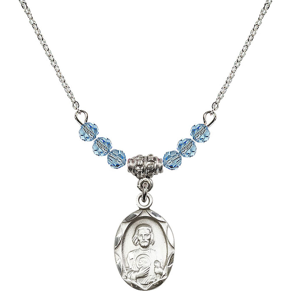 Sterling Silver Saint Jude Birthstone Necklace with Aqua Beads - 0612