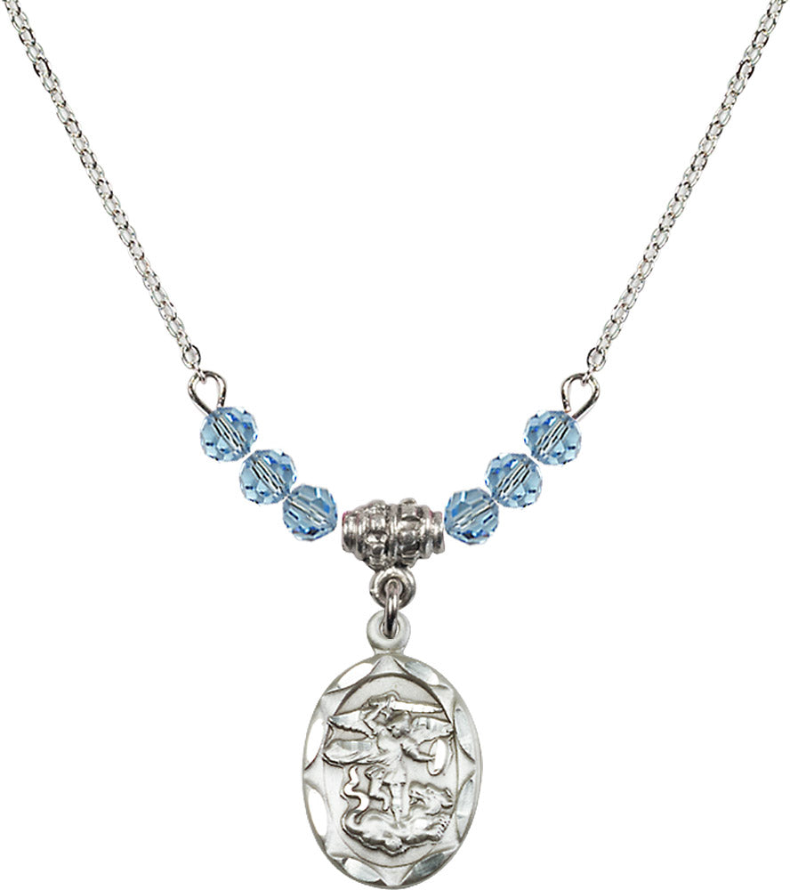 Sterling Silver Saint Michael the Archangel Birthstone Necklace with Aqua Beads - 0612