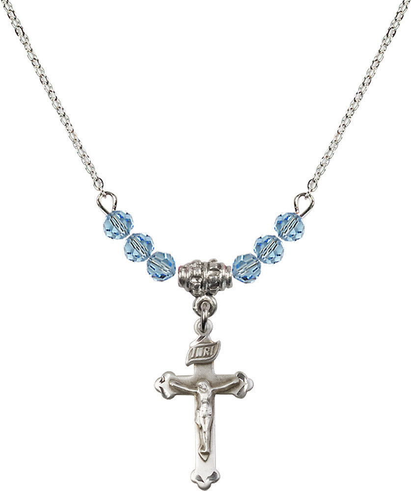 Sterling Silver Crucifix Birthstone Necklace with Aqua Beads - 0669