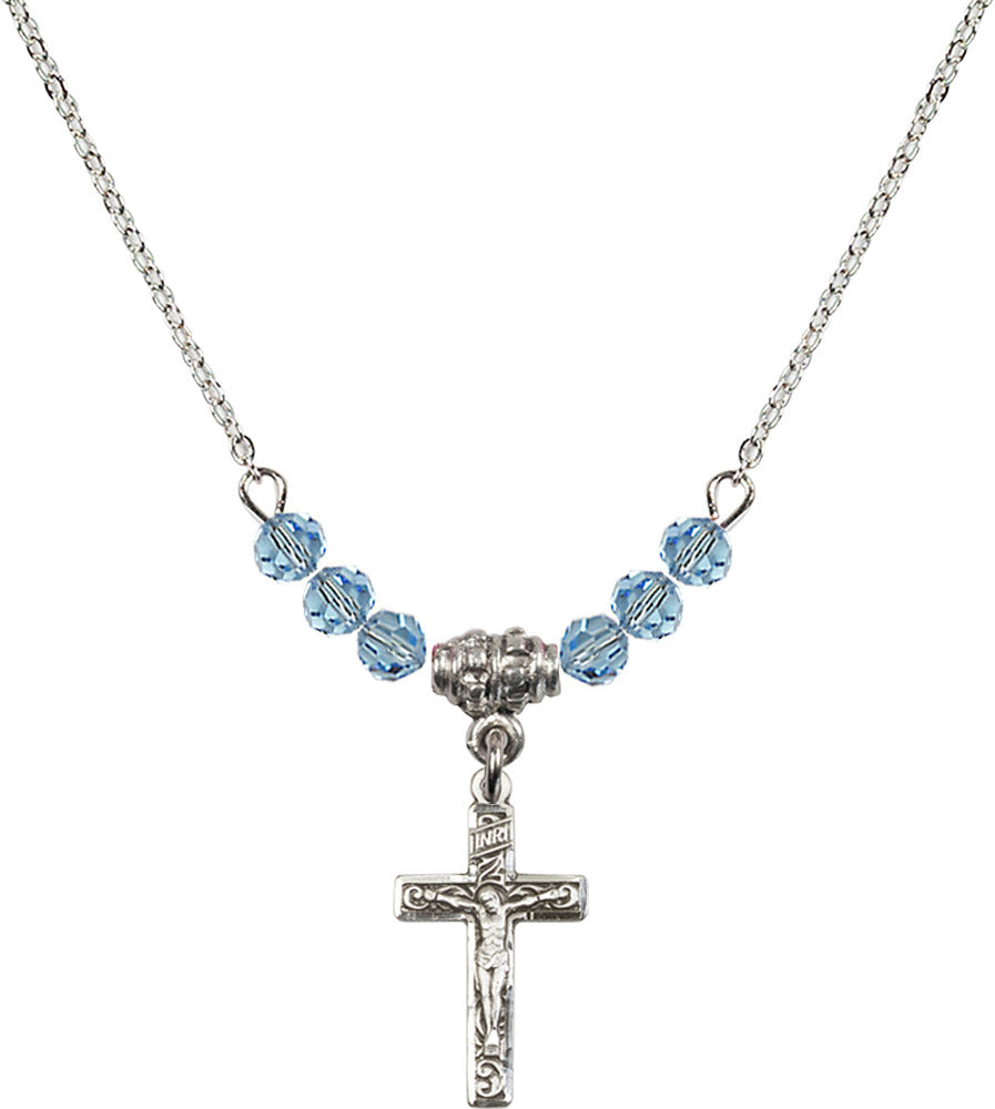 Sterling Silver Crucifix Birthstone Necklace with Aqua Beads - 0672