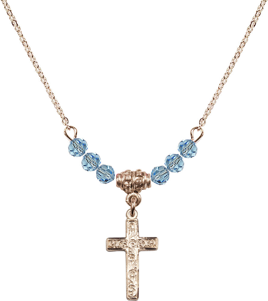 14kt Gold Filled Cross Birthstone Necklace with Aqua Beads - 0672