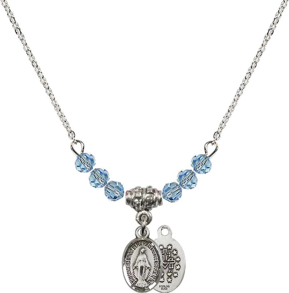 Sterling Silver Miraculous Birthstone Necklace with Aqua Beads - 0702