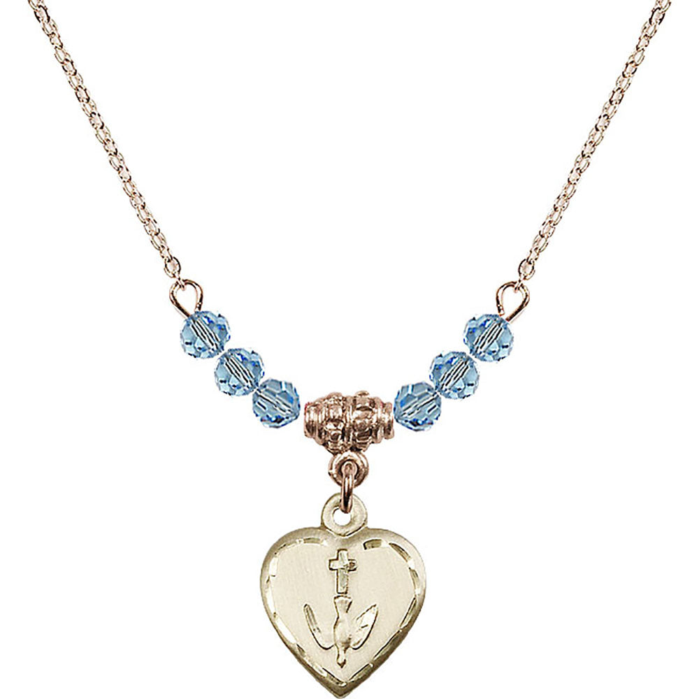 14kt Gold Filled Heart / Confirmation Birthstone Necklace with Aqua Beads - 0891