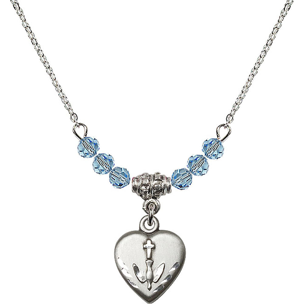 Sterling Silver Heart / Confirmation Birthstone Necklace with Aqua Beads - 0891