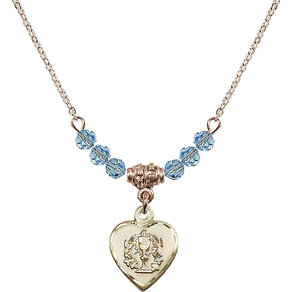 14kt Gold Filled Heart / Communion Birthstone Necklace with Aqua Beads - 0892