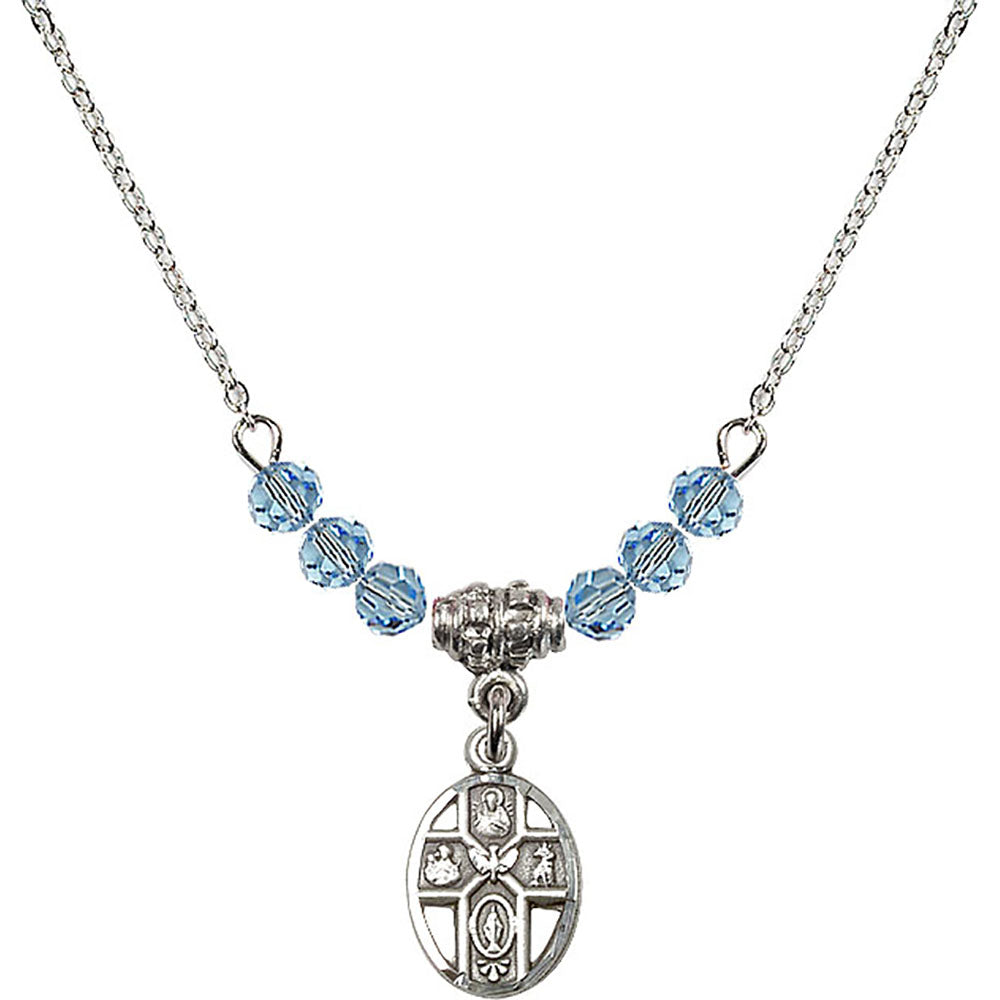 Sterling Silver 5-Way Birthstone Necklace with Aqua Beads - 0980