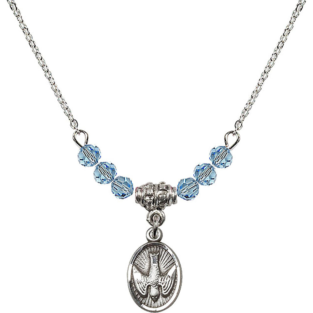 Sterling Silver Holy Spirit Birthstone Necklace with Aqua Beads - 0982