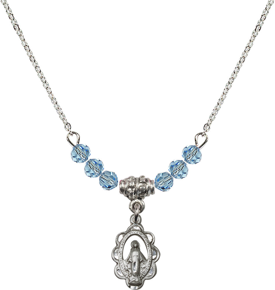 Sterling Silver Miraculous Birthstone Necklace with Aqua Beads - 1610