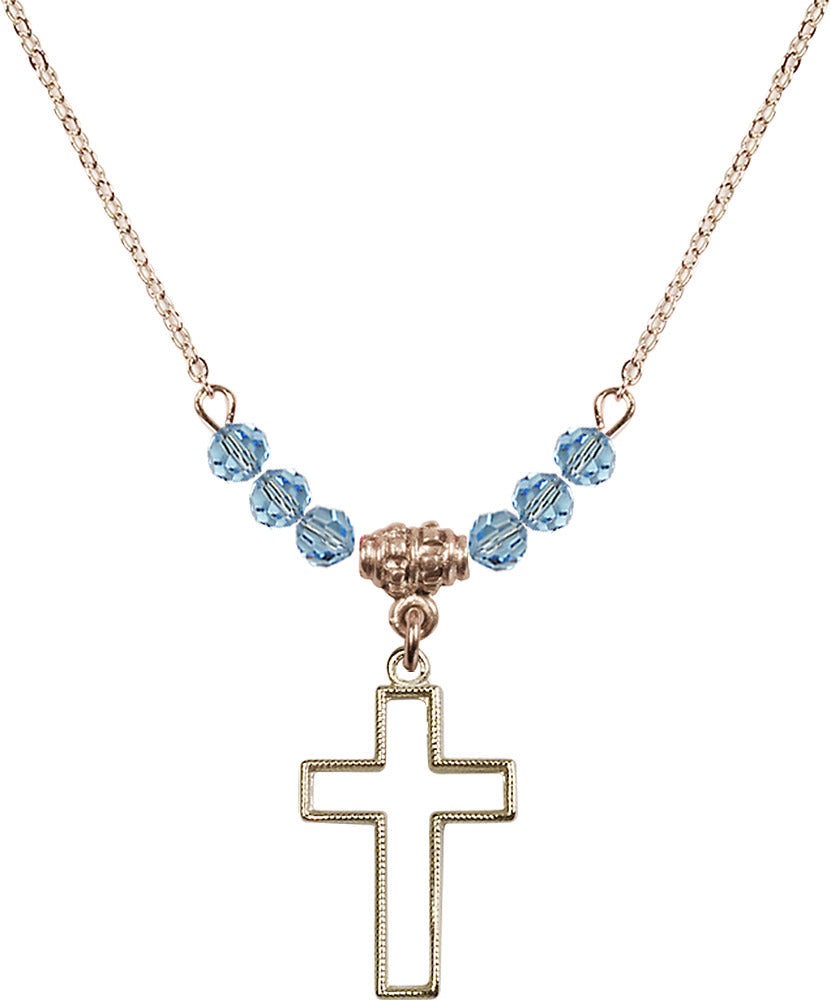 14kt Gold Filled Cross Birthstone Necklace with Aqua Beads - 1708