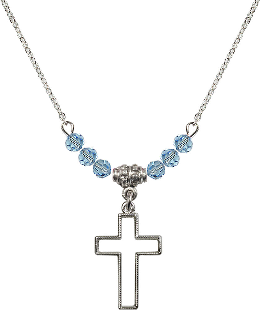 Sterling Silver Cross Birthstone Necklace with Aqua Beads - 1708