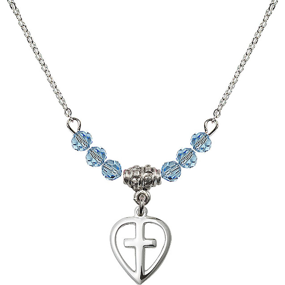 Sterling Silver Heart / Cross Birthstone Necklace with Aqua Beads - 1709