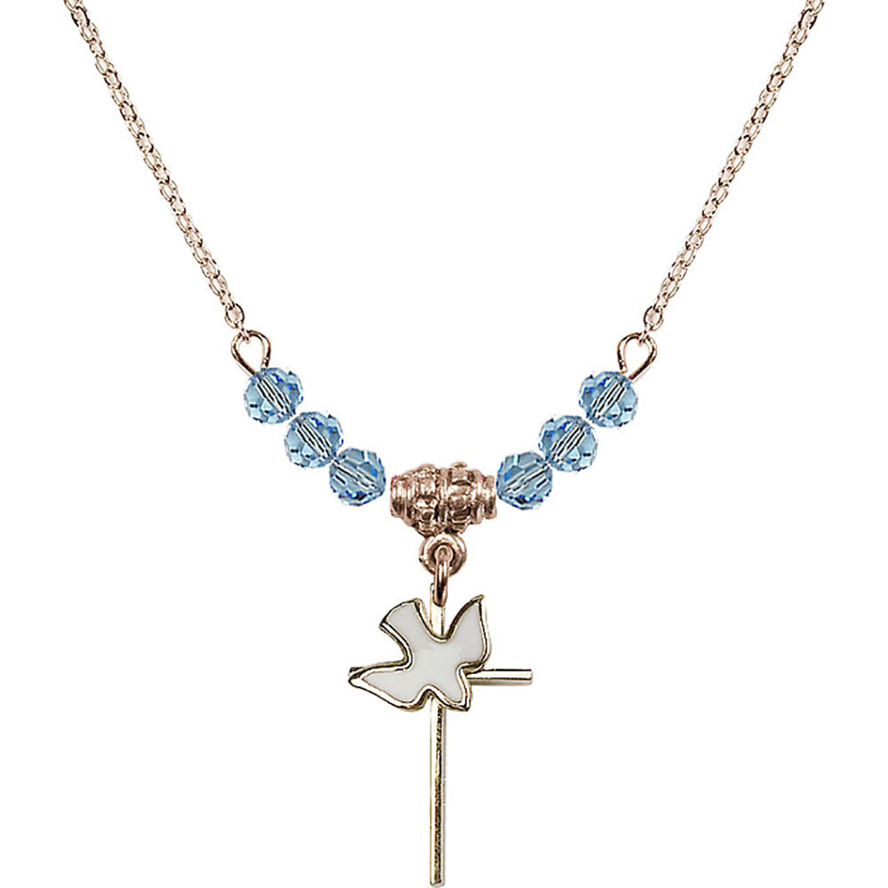 14kt Gold Filled Cross / Holy Spirit Birthstone Necklace with Aqua Beads - 1812