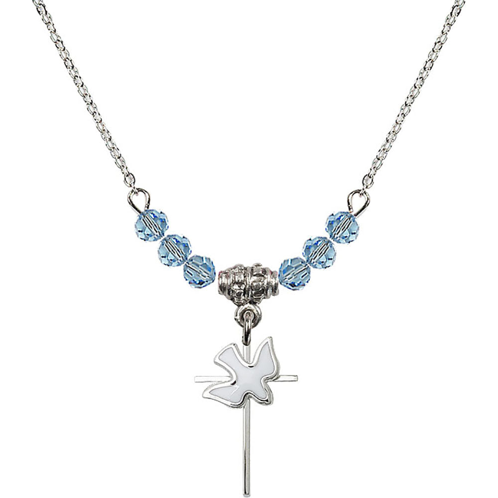 Sterling Silver Cross / Holy Spirit Birthstone Necklace with Aqua Beads - 1812