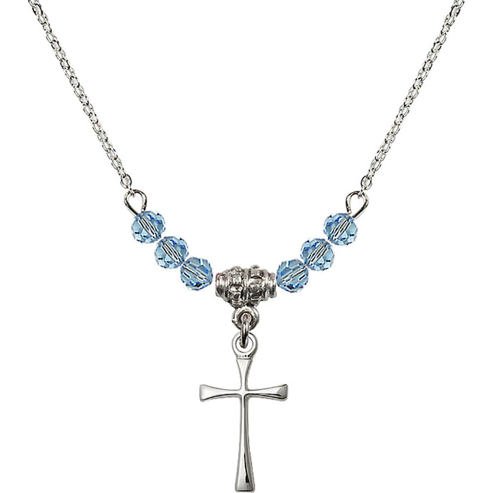 Sterling Silver Maltese Cross Birthstone Necklace with Aqua Beads - 1872