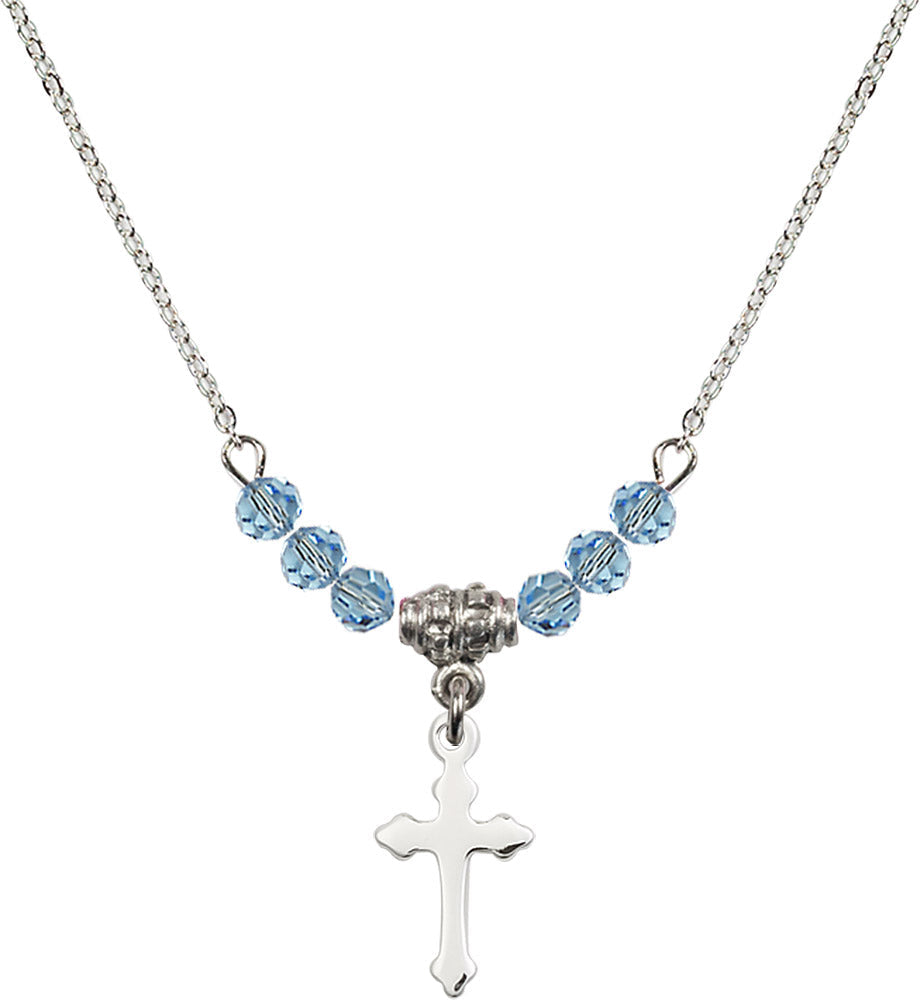 Sterling Silver Cross Birthstone Necklace with Aqua Beads - 2528