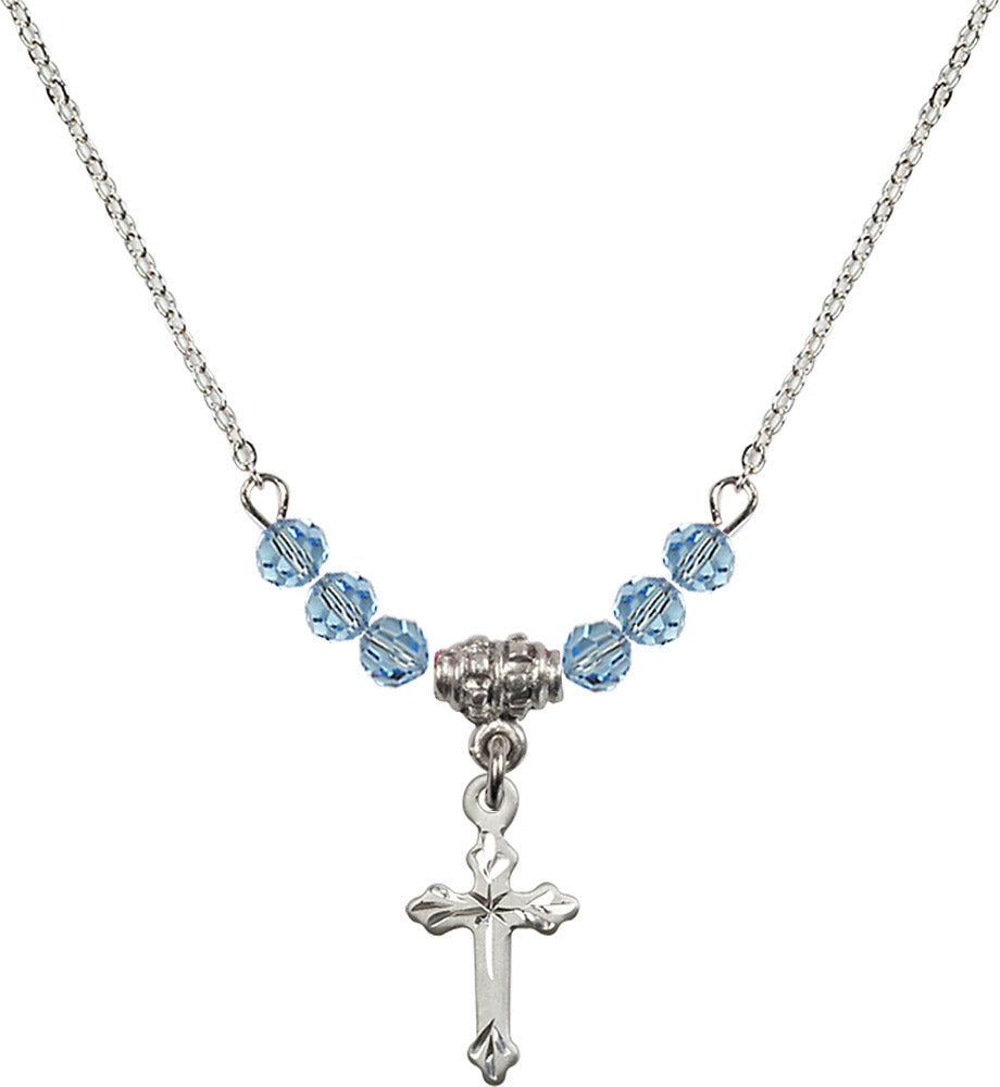 Sterling Silver Cross Birthstone Necklace with Aqua Beads - 2531