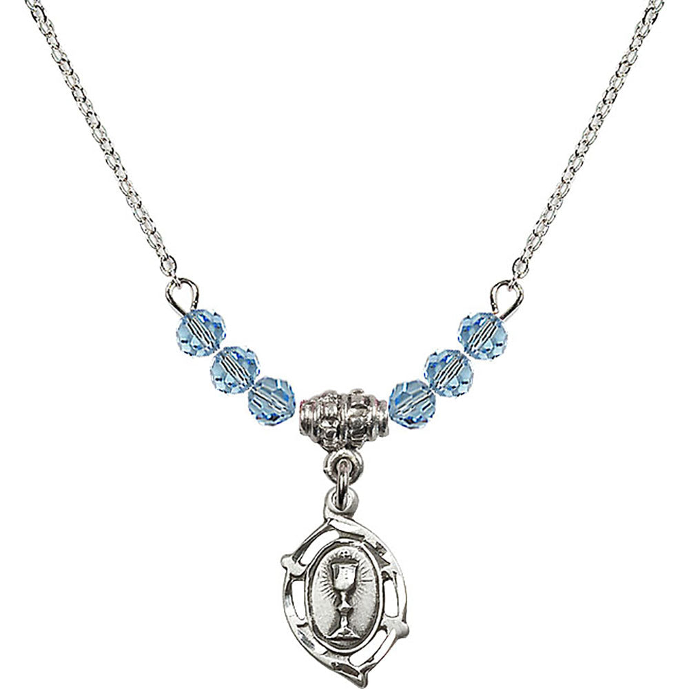Sterling Silver Communion Birthstone Necklace with Aqua Beads - 3019