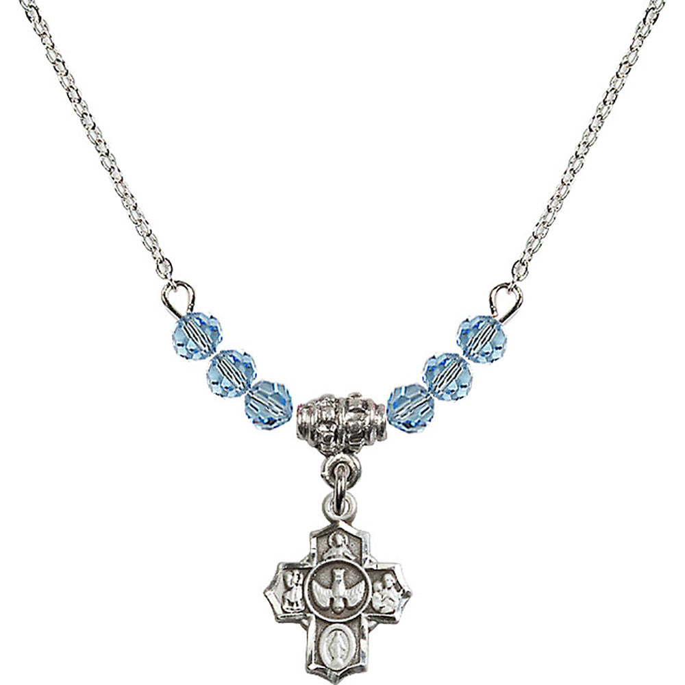 Sterling Silver 5-Way Birthstone Necklace with Aqua Beads - 3190