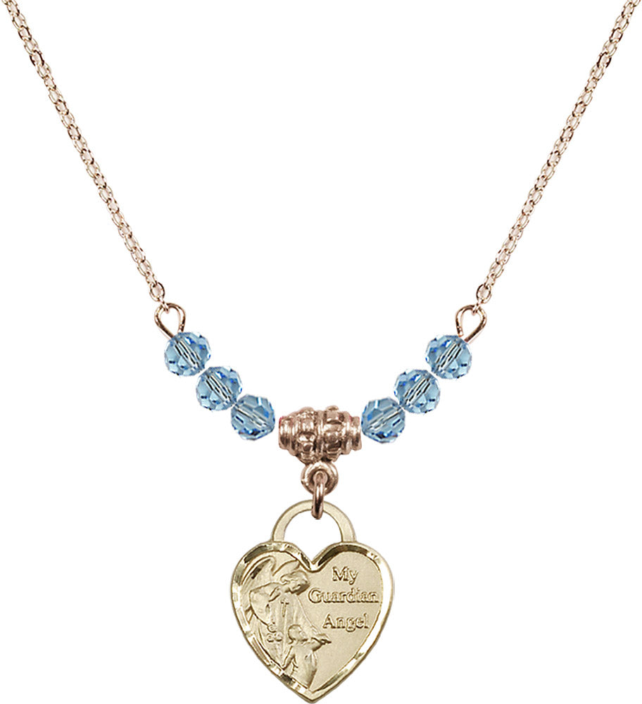 14kt Gold Filled Guardian Angel Heart Birthstone Necklace with Aqua Beads - 3402