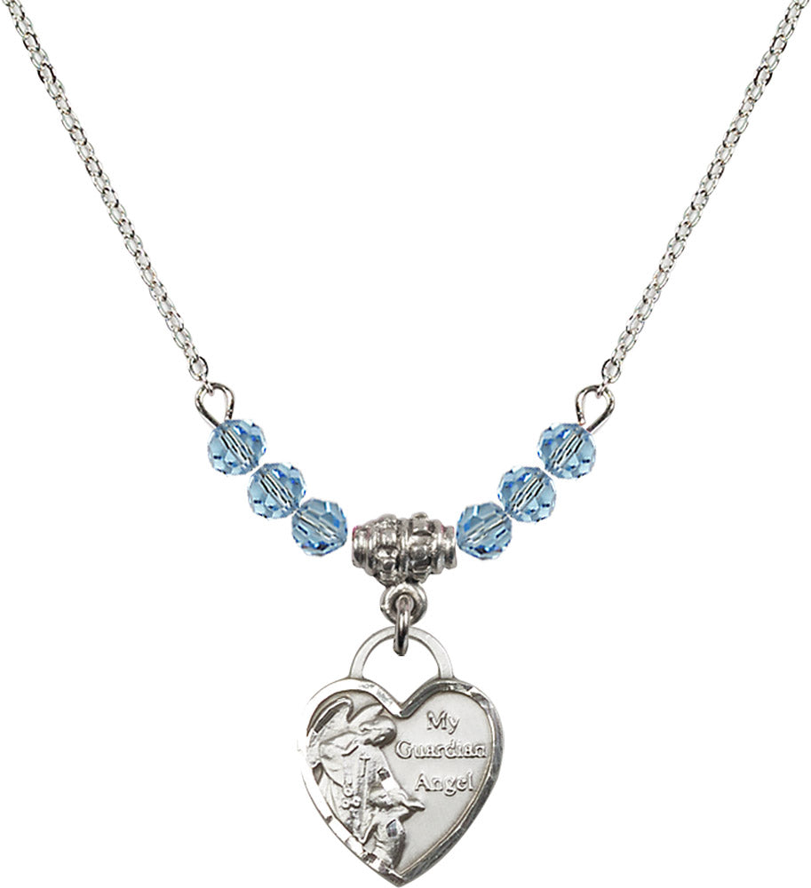 Sterling Silver Guardian Angel Heart Birthstone Necklace with Aqua Beads - 3402