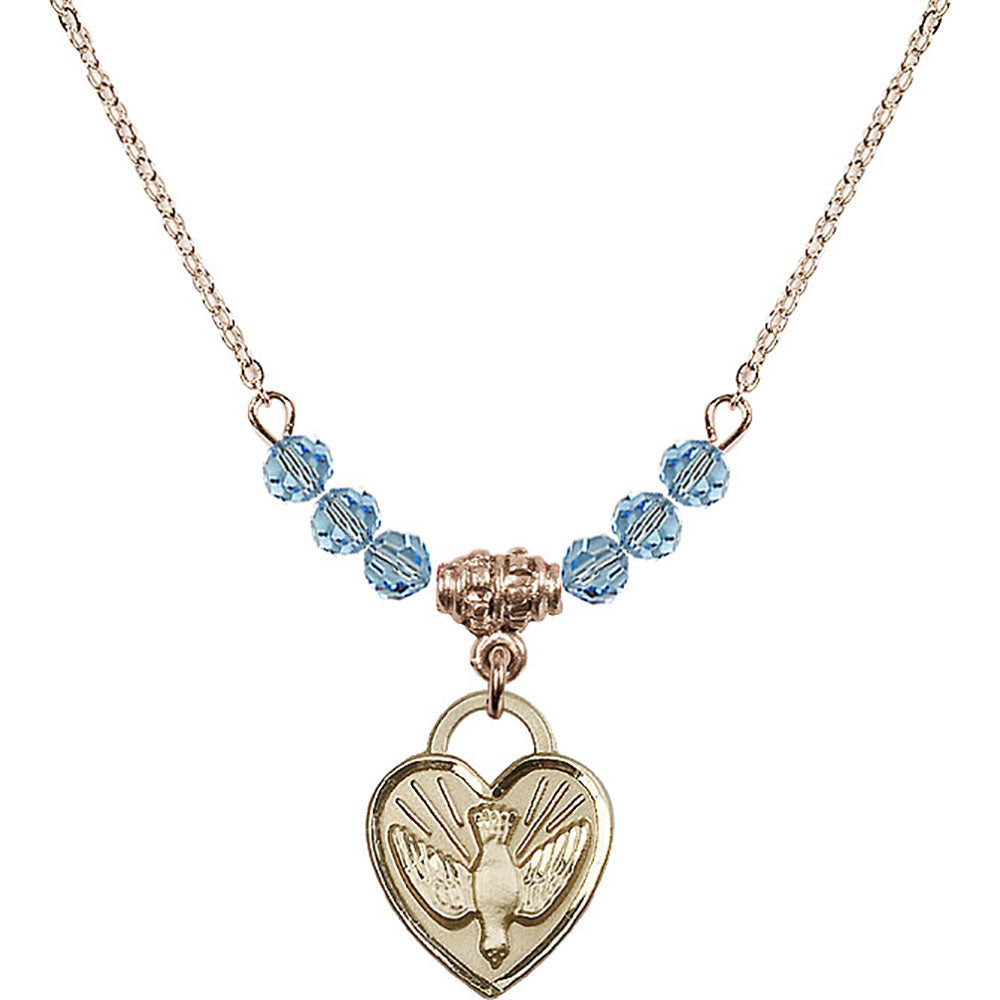 14kt Gold Filled Confirmation Heart Birthstone Necklace with Aqua Beads - 3405