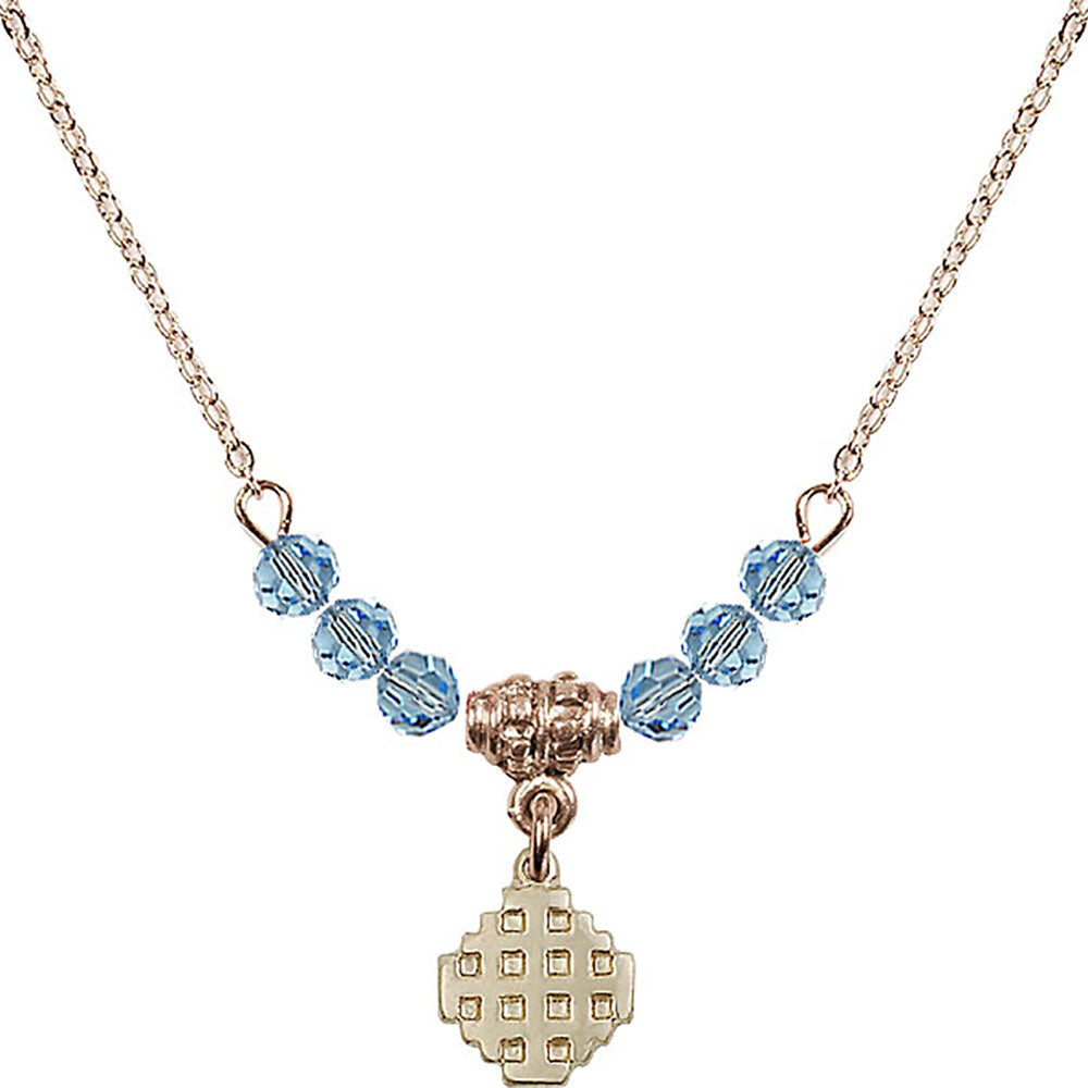 14kt Gold Filled Jerusalem Cross Birthstone Necklace with Aqua Beads - 4118