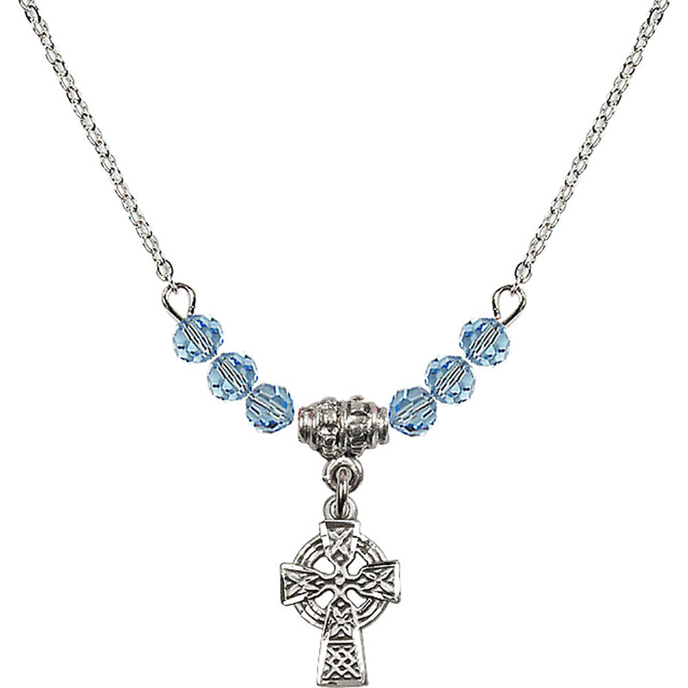 Sterling Silver Celtic Cross Birthstone Necklace with Aqua Beads - 4133