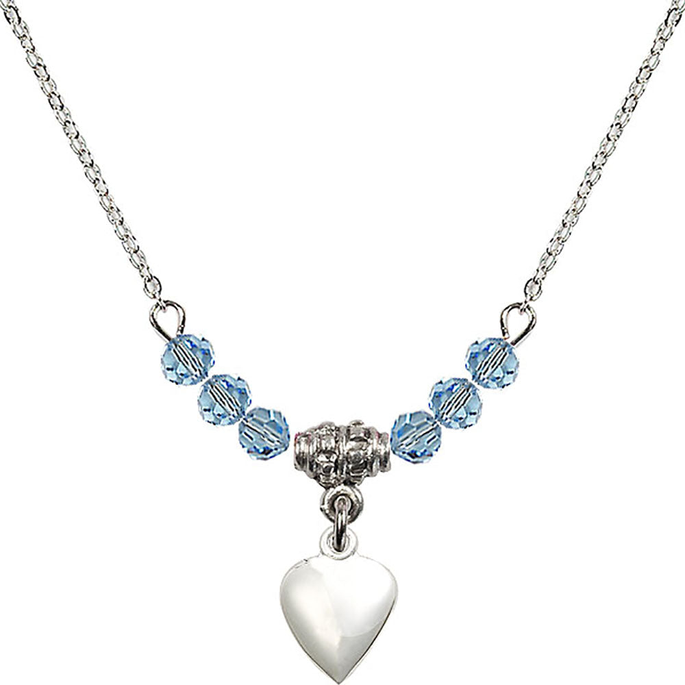 Sterling Silver Heart Birthstone Necklace with Aqua Beads - 4158