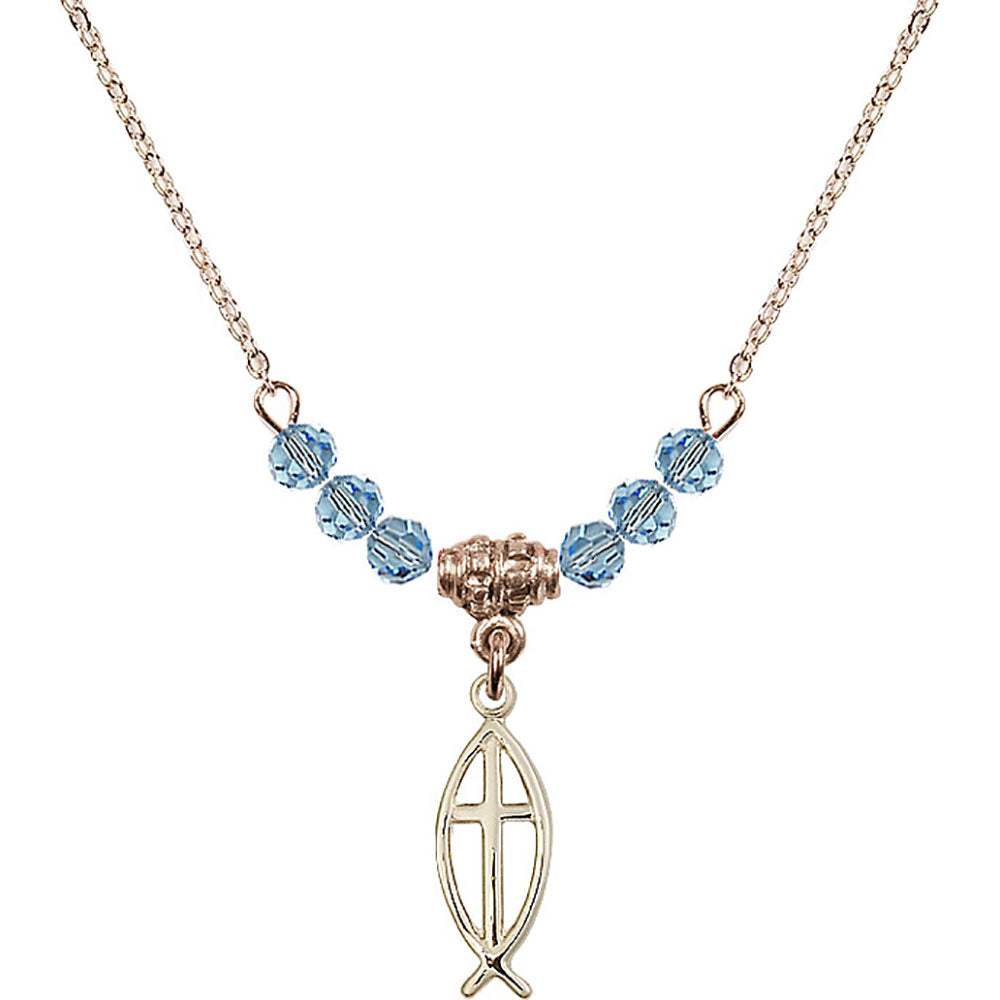 14kt Gold Filled Fish / Cross Birthstone Necklace with Aqua Beads - 4251