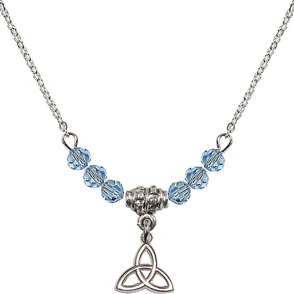 Sterling Silver Trinity Irish Knot Birthstone Necklace with Aqua Beads - 5100